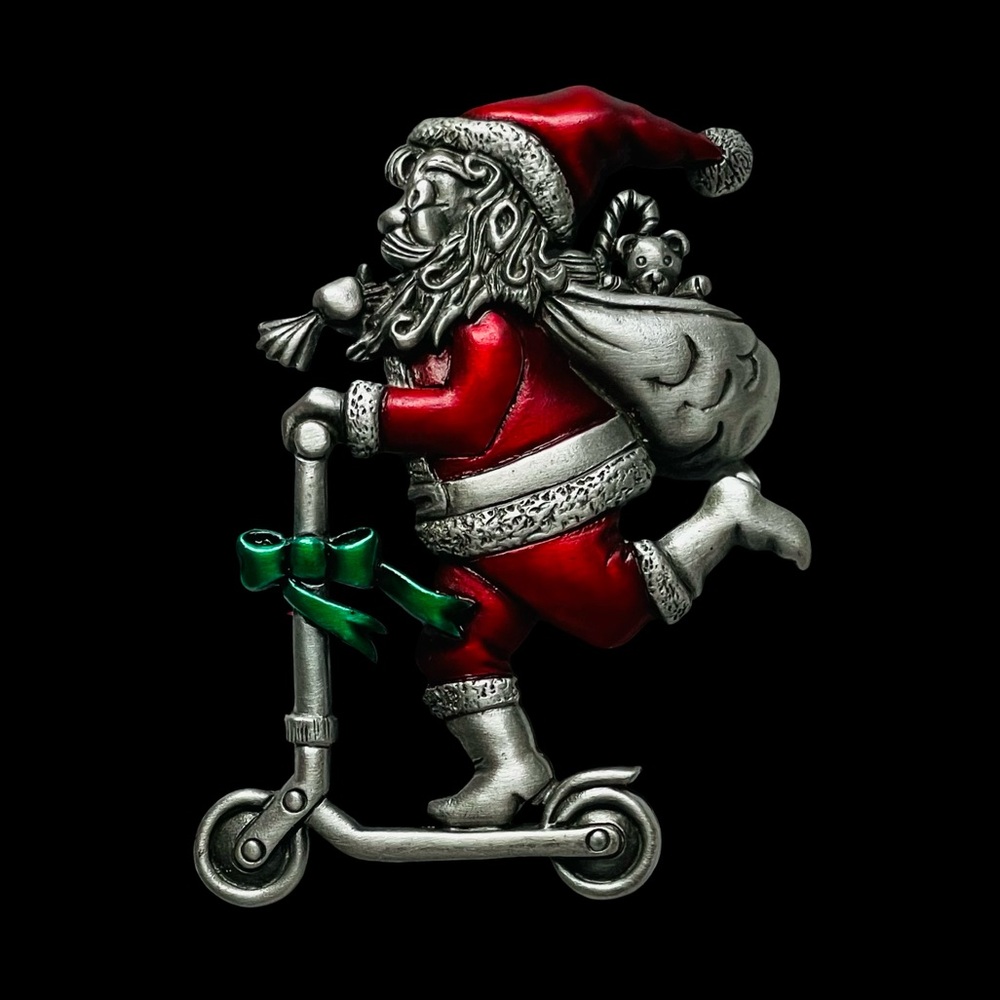 Vintage Signed JJ Pewter And Enamel Santa On A Scooter Brooch